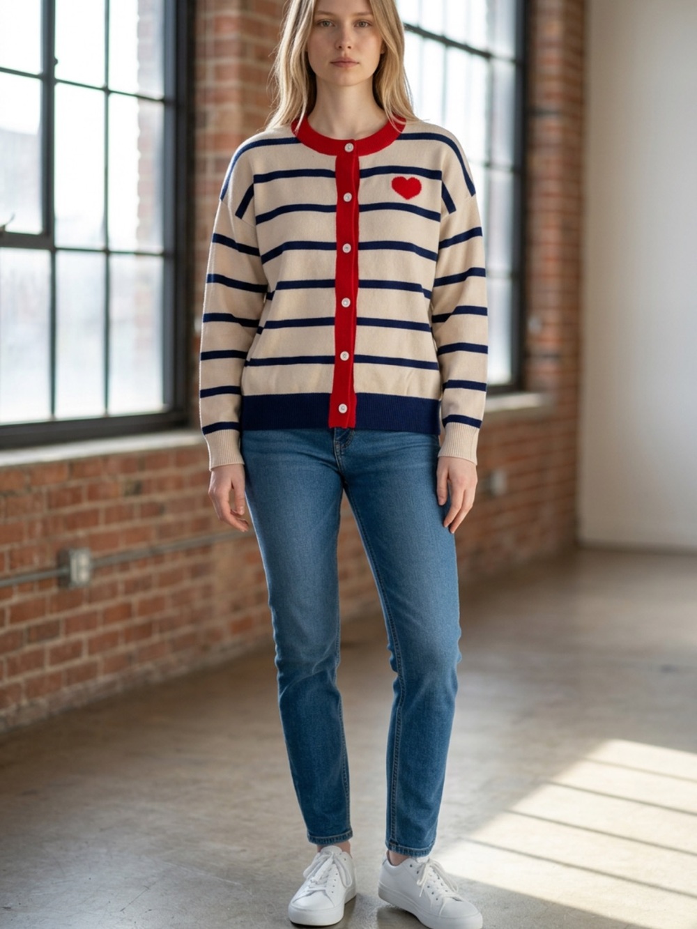 Striped Cardigan with Heart Detail